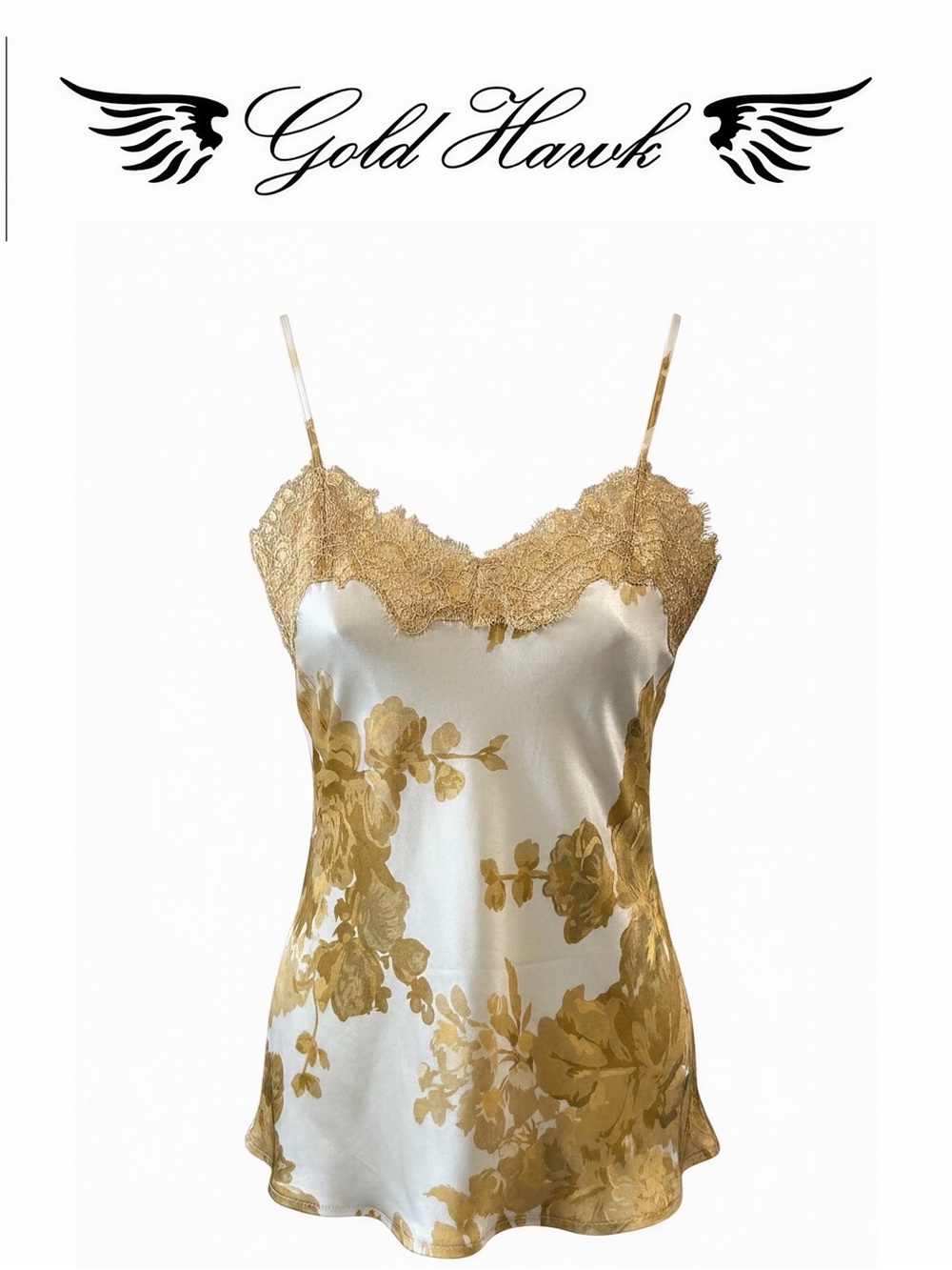 NWT Gold Hawk GH4463 100% Silk Golden Bloom/Fall Camel Lace Cami Size S